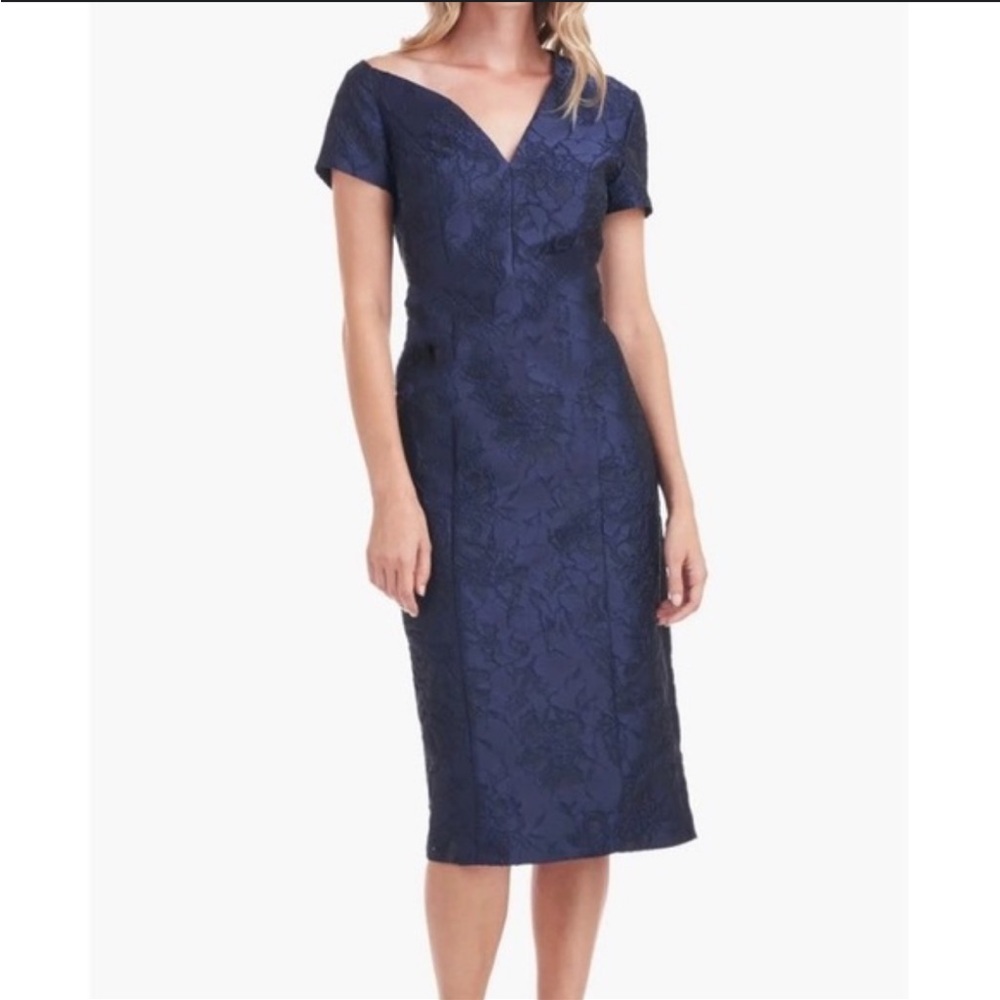 Kay Unger Adrianna Blue Floral Jacquard Off Center V-Neck Sheath Dress Size 2